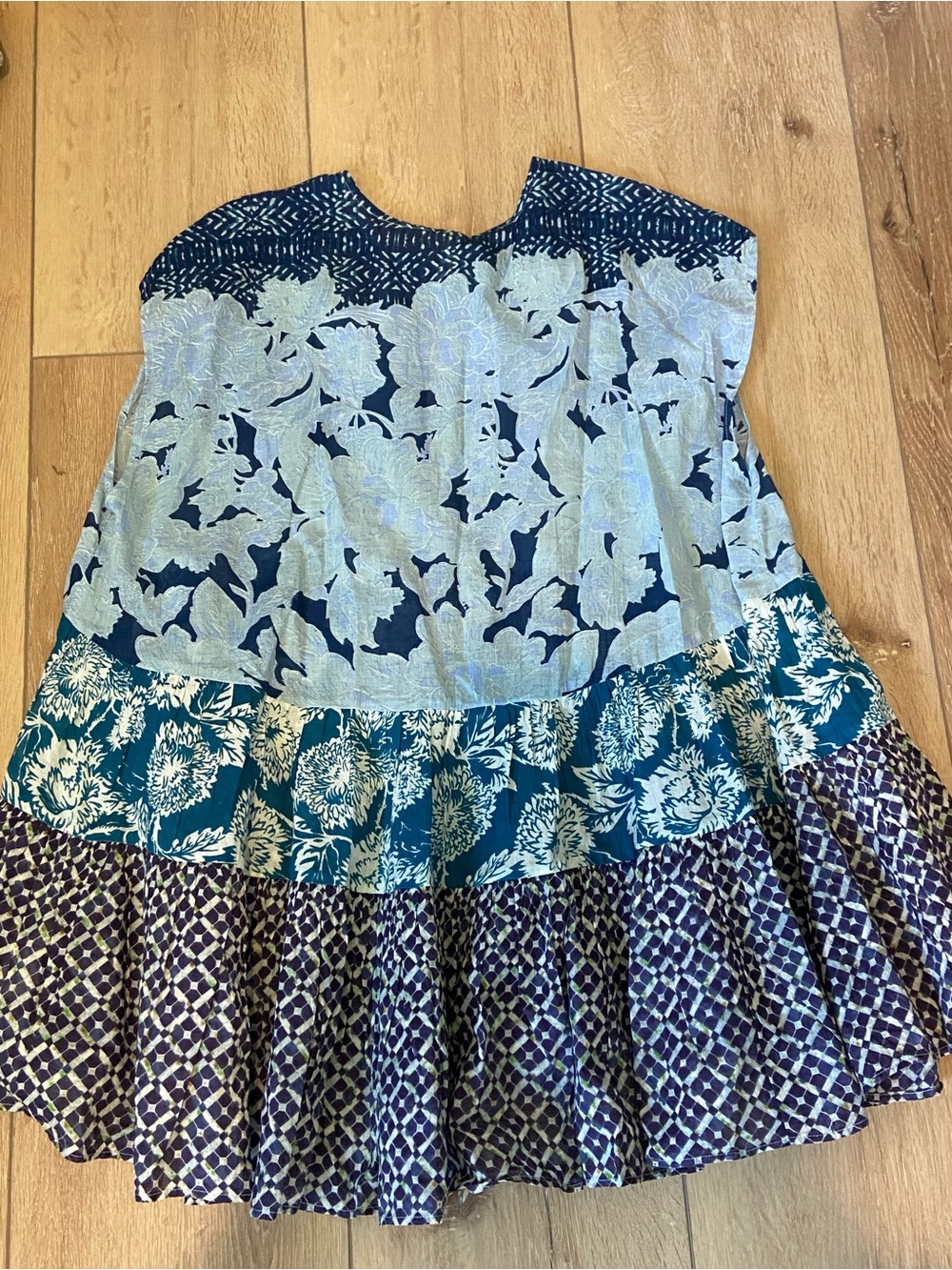 Free People Women’s Blue Mixed-Print Tiered Tunic Boho Top Blouse SZ S